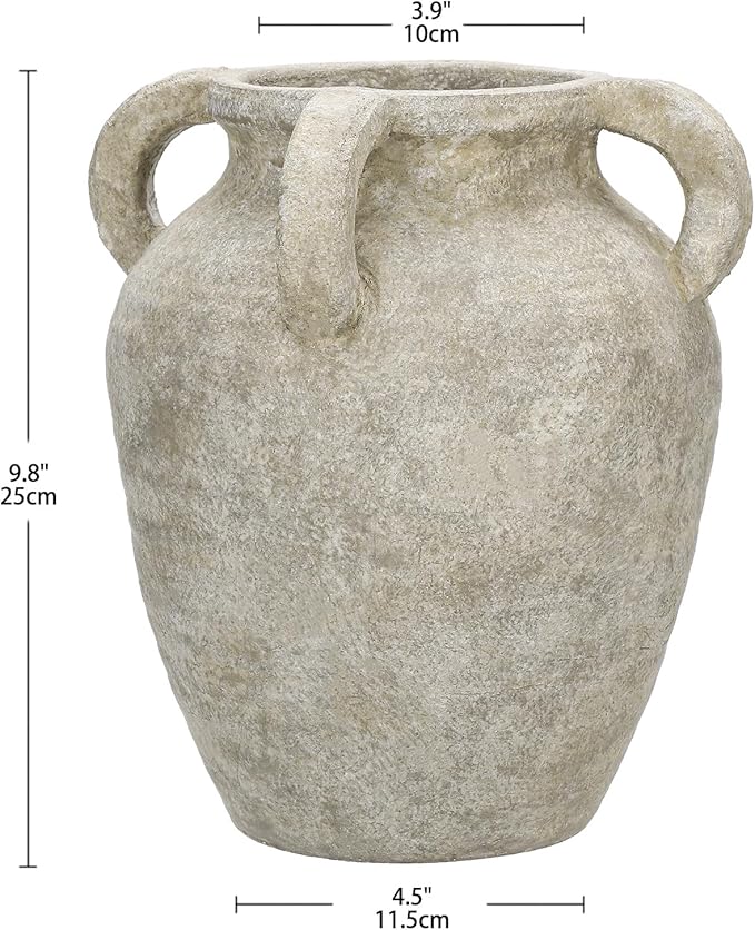 Handmade Flower Vase, 9.8" Tall Terracotta Vase, Vintage Ceramic vase, Rustic Green Antique Decor with 4 Handles, Wide Mouth, Matte Finish for Home Office Resto Café Décor