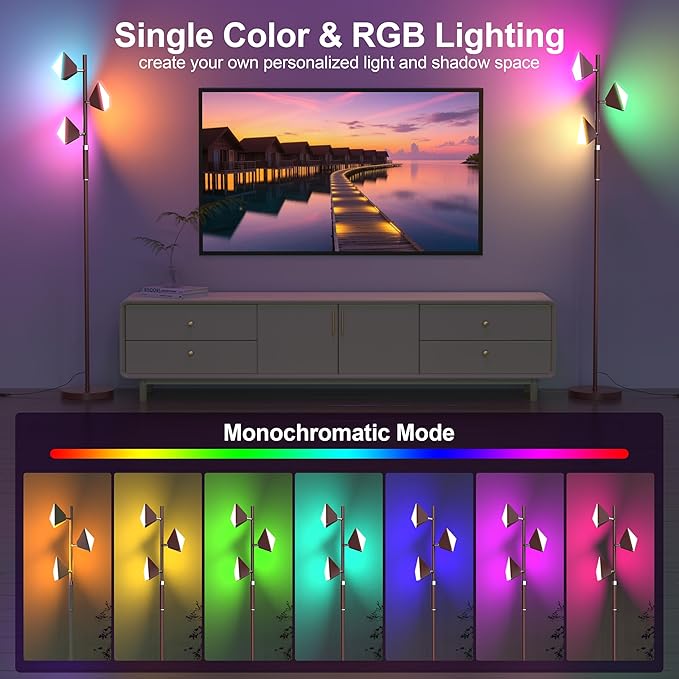 RGB Tree Floor Lamp for Living Room, Stepless Dimmable Tall Standing Lamp with Remote, Touch Control and 3 Rotatable Light, Bright LED Lights for Bedroom with 4 Color-Changing, Oil Rubbed Bronze