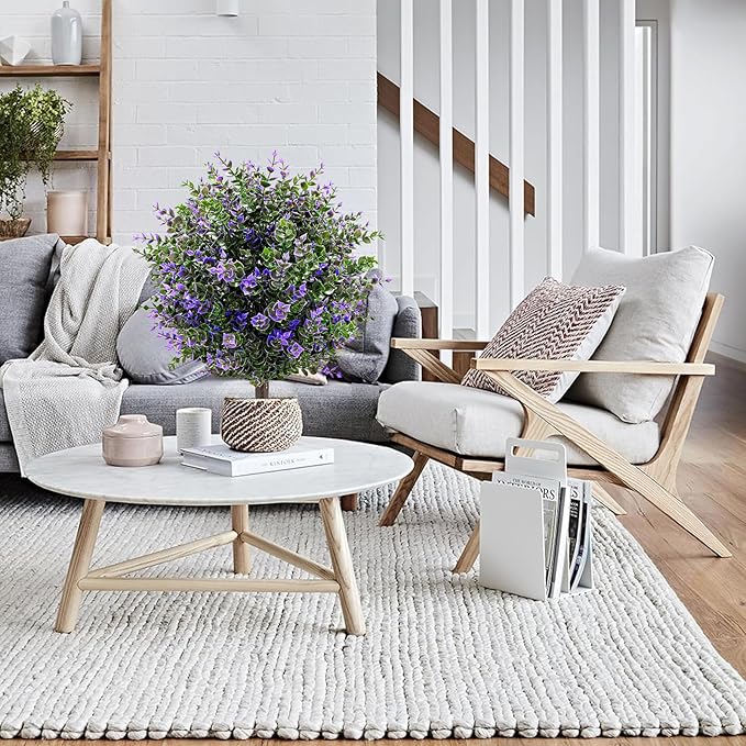 Artificial Boxwood Topiary Ball Trees with Ground Spikes UV Resistant Faux Greenery Shrubs Fake Shrubs for Outdoors, Realistic Faux Plants Bushes for Garden Porch Yard Patio Decor (Purple Green)