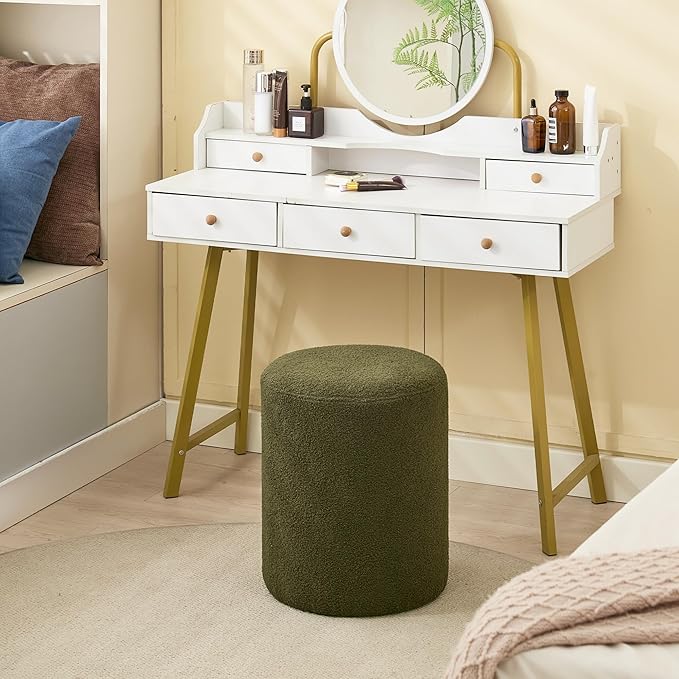 Modern Round Ottoman, Classic Foot Stool Ottoman, Teddy Fleece Upholstered Vanity Stool for Makeup, Bedroom, Living Room, Dark Green