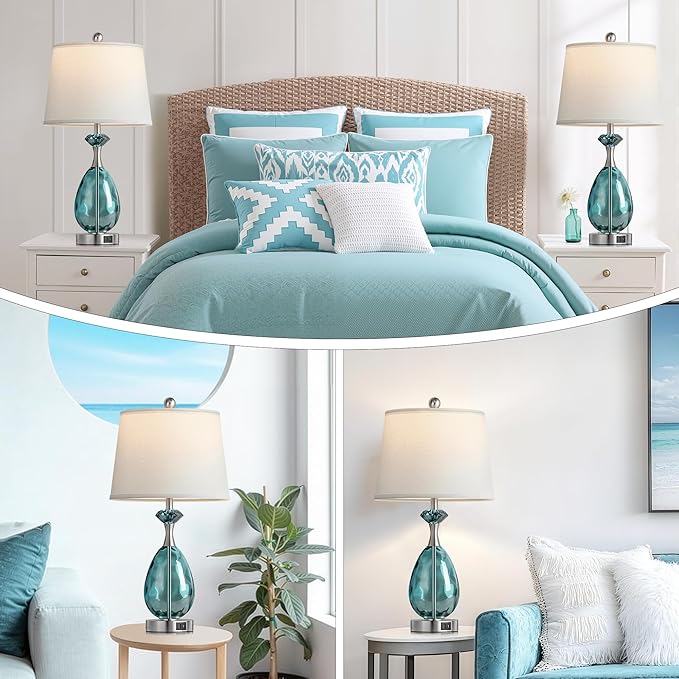 Coastal Glass Table Lamps Set of 2, 3-Way Dimmable Touch Control Nautical Lamp with USB A+C Ports,Bedside Lamp Beach Decor,Nightstand Lamp with White Shade for Living Room Bedroom(LED Bulbs Included)