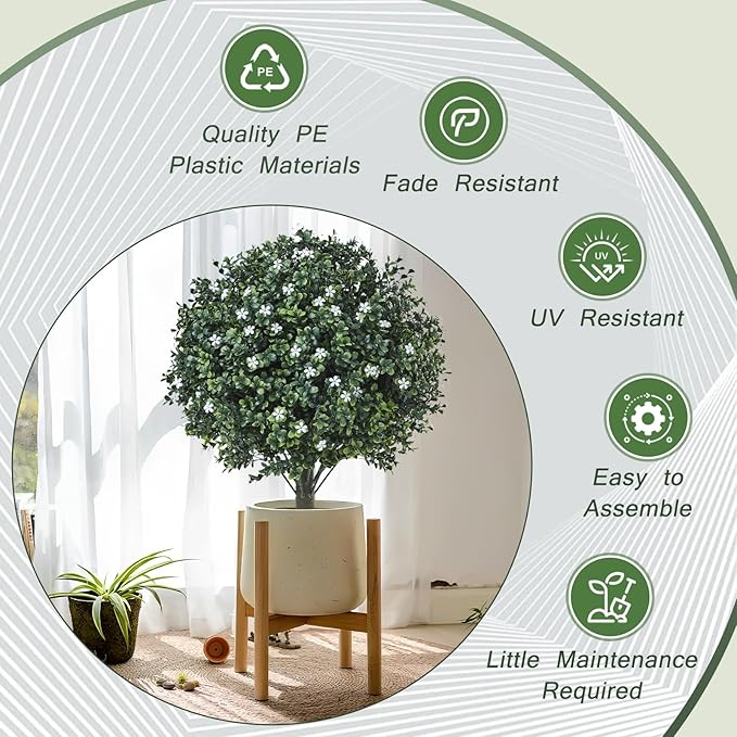 Artificial Boxwood Topiary Shrub with White Flowers,Set of 2 Artificial Boxwood Ball Bush with Metal Spike, UV Resistant Realistic Faux Shrubs for Garden, Yard, Patio, Porch Outdoor Decor