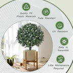 Artificial Boxwood Topiary Shrub with White Flowers,Set of 2 Artificial Boxwood Ball Bush with Metal Spike, UV Resistant Realistic Faux Shrubs for Garden, Yard, Patio, Porch Outdoor Decor