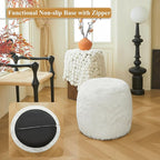 XeGe Fluffy Faux Fur Inflatable Pouf Ottoman, Soft Portable Shaggy Fuzzy Foot Stool Ivory, Plush Furry Foot Rest Floor Pouf Anti-Slip, Round Ottoman Cushion Living Room Bedroom Patio Dorm, Beige