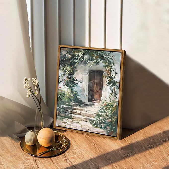Floating Framed Canvas Vintage Wall Art, Rustic Cottage Spring Garden Oil Paintings Print, Country Floral Pictures Wall Decor for Living Room Bedroom Office Home Decor 8x10 inch