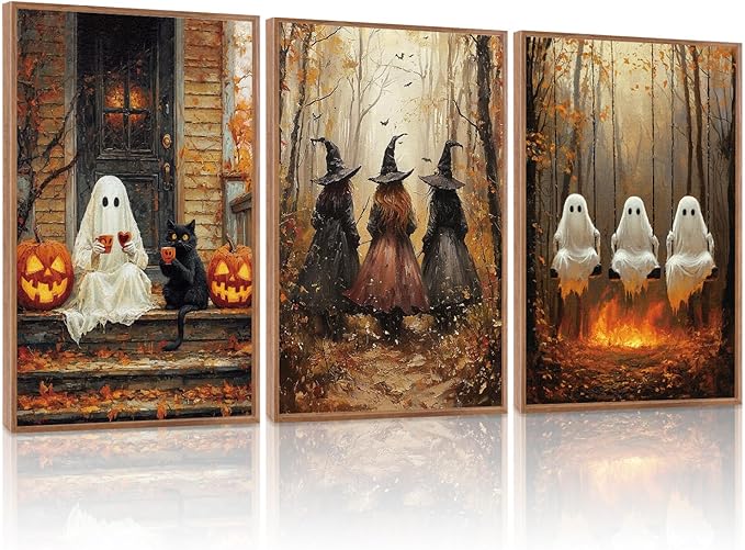 HLNIUC Framed Halloween Canvas Wall Art,Dark Witch Crow Raven Prints,Black Cat Decor,Horror Gothic Ghost Pictures Set of 3 (16"X24") Scary Pumpkin Wall Decor for Party Living Room Bedroom Decoration