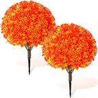 Yunlly Set of 2 Artificial Boxwood Topiary Ball Tree 27 Outdoor Boxwood Balls with Flower Faux Bush UV Resistance Fake Shrub Plant with Spike for Garden Porch Patio Decor (Fall Dark Orange,27x18inch)