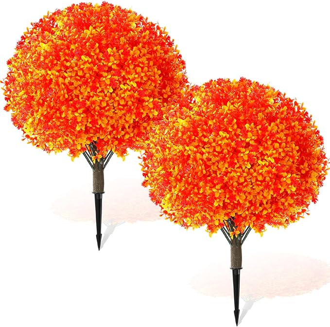 Yunlly Set of 2 Artificial Boxwood Topiary Ball Tree 27 Outdoor Boxwood Balls with Flower Faux Bush UV Resistance Fake Shrub Plant with Spike for Garden Porch Patio Decor (Fall Dark Orange,27x18inch)