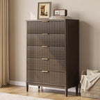 LINSY HOME Fluted Dresser for Bedroom with 5 Drawers, 46" Tall Mid Century Modern Dressers, Wide Boho Chest of Drawer, Large Wood Accent Storage Cabinet for Living Room, Curved Profile Design, Walnut