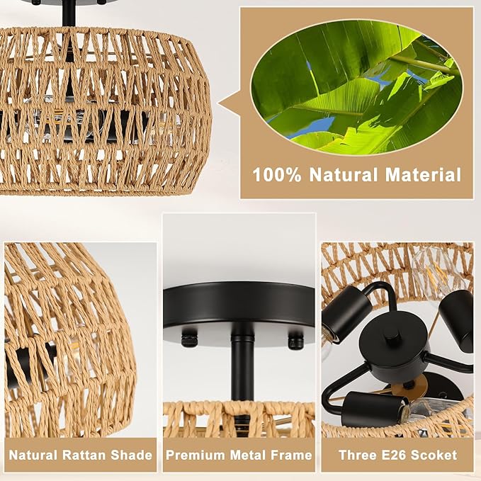 Boho Semi Flush Mount Ceiling Light - Rattan Light Fixture with Hand-Woven Shade, 3 Light Farmhouse Chandelier Coastal Wicker Light Fixtures for Kitchen Bedroom Foyer Nursery Entryway