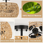 Boho Semi Flush Mount Ceiling Light - Rattan Light Fixture with Hand-Woven Shade, 3 Light Farmhouse Chandelier Coastal Wicker Light Fixtures for Kitchen Bedroom Foyer Nursery Entryway