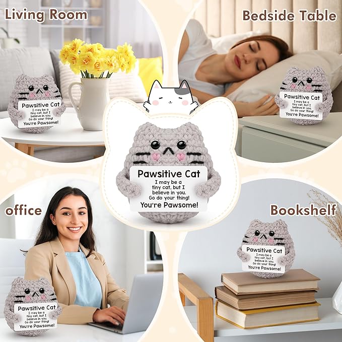 Positive Crochet Cat Christmas Birthday Gifts for Women Men Daughter Son Uncle Aunt Back to School Friend Coworker Desk Home Fall Decor Emotional Inspirational Support Crochet Animals Gift Idea