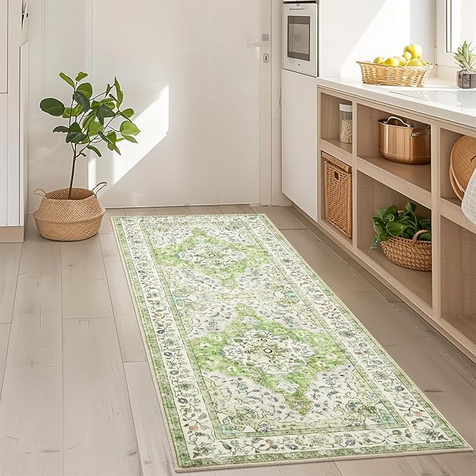 Topllen Runner Rug - 2'x5' Boho Washable Kitchen Rug, Non-Slip Soft Low Pile Rugs Indoor for Entrance Bedroom Bathroom Living Room,Vintage Throw Hallway Carpet Stain Resistance (Green, 2x5ft)