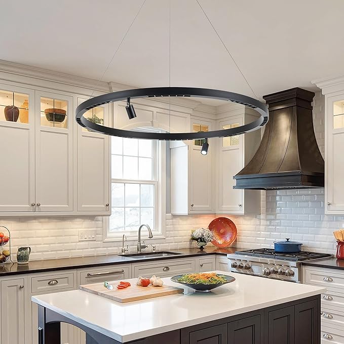 Modern LED Chandelier 1-Ring Circular 6000K 36W Dimmable Black Pendant Light with Adjustable Spotlights for Living Room, Dining Room, Kitchen, Bedroom, Foyer, Restaurant, Hotel, Bar