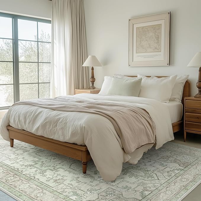 GENIMO 10x12 Area Rugs for Living Room, Machine Washable Non Slip Vintage Rugs, Low Pile Lightweight Chenille Print Rug for Bedroom, Dining Room, Home Office, Oat Light