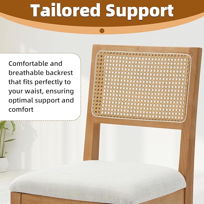 Westice Rattan Dining Chairs Set of 4, Farmhouse Natural Dining Room Chairs with Upholstered Cushion, Wood Armless Chairs for Kitchen/Restaurant