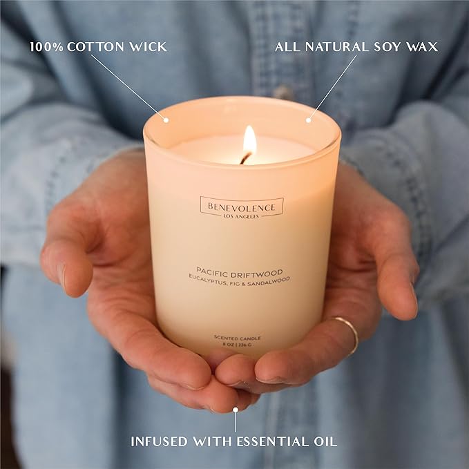 Eucalyptus, Fig & Sandalwood – Benevolence LA Fall Scented Candle for Home | 8oz, 45-Hour Burn | Natural Soy Wax, Cotton Wick | Fresh Autumn Fragrance | Malibu Sands Collection – Gift for Women & Men