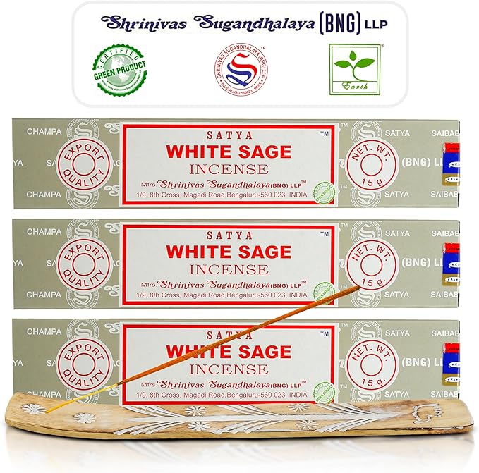 Satya Nagchampa White Sage Incense Sticks, Satya Bng (Bangalore) Insenses 15gmx3 Pack (45 GMS) with Raajsee Incense Holder Bundle, Satya Nagchampa Natural Incense