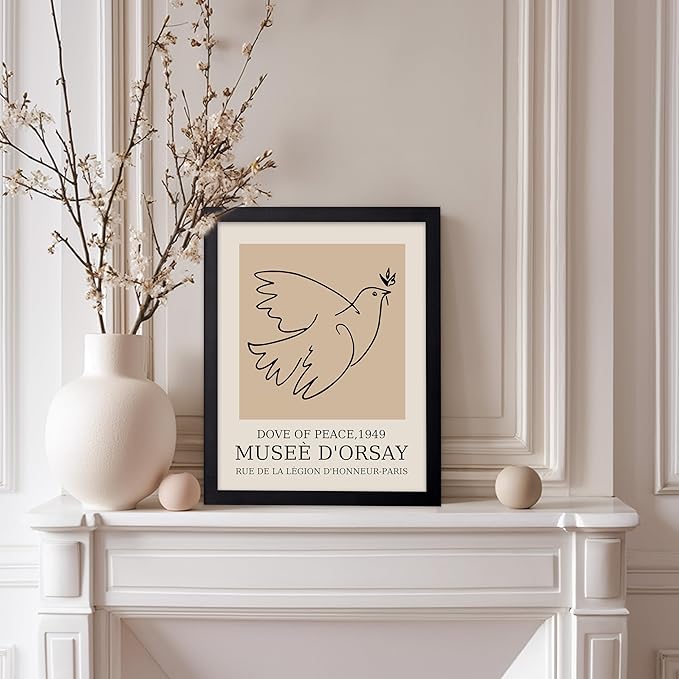 Poster Master Vintage Poster - Retro Minimalist Print - Gift for Artist, Friend - Dove Of Peace, Line Drawing, Sketch, Abstract - Wall Decor for Living Room, Bedroom, 11x14 Black Framed