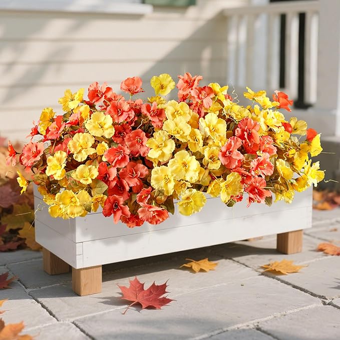 Fall Flowers Fake Flowers Mums for Outdoors Autumn Decoration, 6 Bundles Artificial Flowers Faux Silk Plants Realistic UV Resistant for Outside Planter Patio (Fall Yellow Orange)