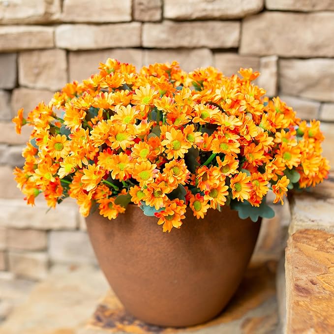 Daisy Artificial Flowers for Outdoors Fall Autumn Decoration, 6 Bundles Fake Mums Orange Silk Flowers for Outside Look Real UV Resistant Fake Plants Faux Flowers for Planter Front Door Home Indoor Urn