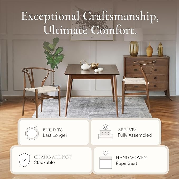 POLY & BARK Weave Dining Chairs – Mid-Century Modern Wishbone Dining Chairs with Arms, Solid Wood Frame, Indoor Use – Walnut– Set of 2 - Ideal for Dining Room, Kitchen or Stylish Accent Setting