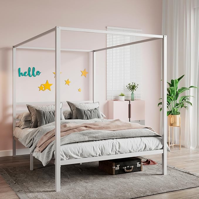 SHA CERLIN Canopy Bed Frame Full Size/Mattress Foundation with Metal Slats Support/No Box Spring Needed/Easy Assembly/White