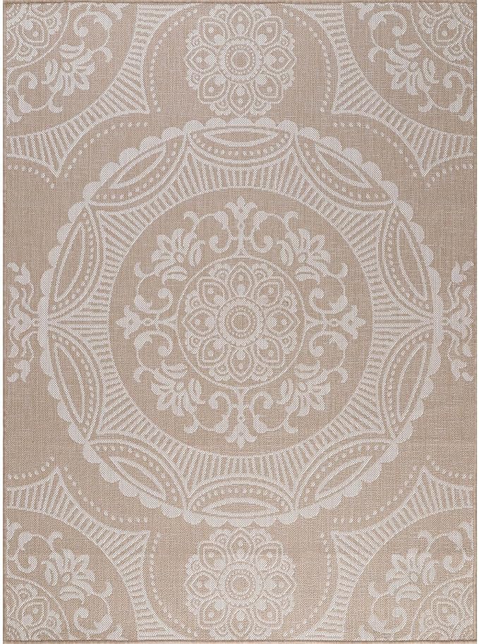 Medallion Outdoor Rug 9x12 Washable Outside Carpet for Indoor Patio Porch Waterproof Easy Cleaning Non Shedding Area Rugs Beige 9 x 12