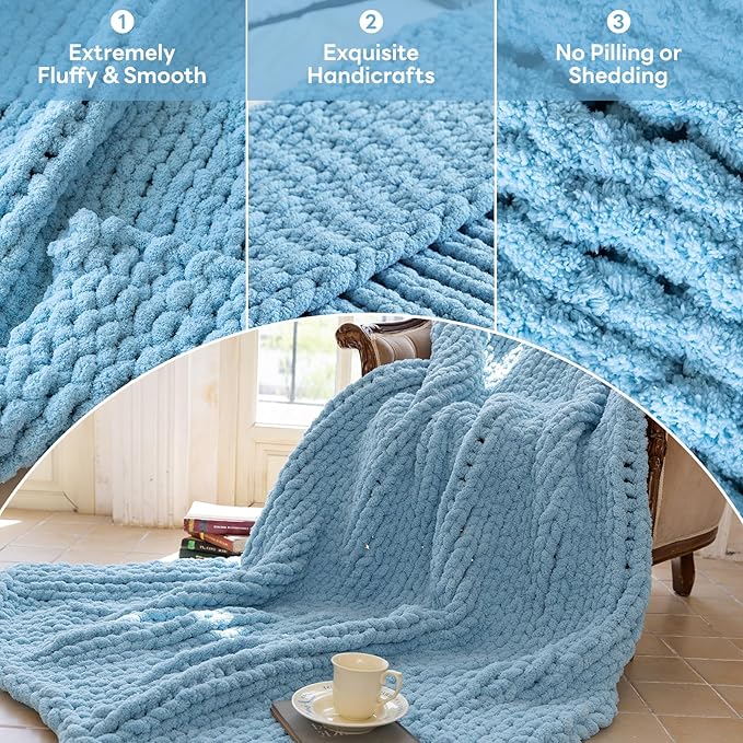 Chunky Knit Blanket - Luxury Soft Cozy 40 * 50 Throw Blanket,100% Woven Blanket Rope Knot Throw Blanket for Couch, Sofa, Home Decor, Gift - Machine Washable（Light Blue）