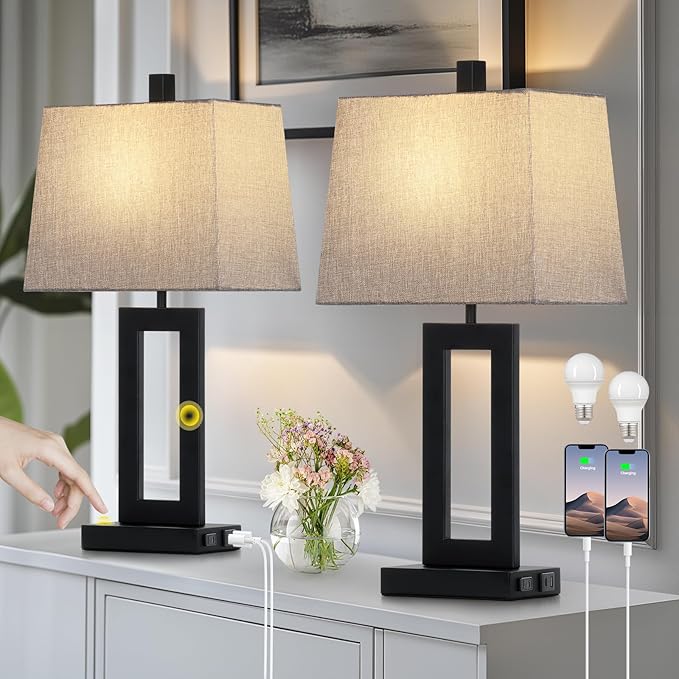 Touch Control Table Lamp Set of 2, Modern Black Bedside Lamps with USB C+A Ports & AC Outlet, 3 Way Dimmable Bedroom Lamps for Night Stands Bedroom Living Room,Nightstand Lamp