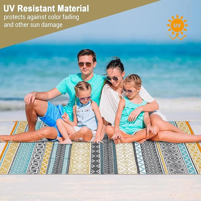 GAOMON Outdoor Rugs Patio Camping Waterproof Rug 6'x9' Plastic Straw Patio Rug Portable for Campers, Outside RVs Mat for Patios Clearance, Backyard Porch, Balcony, Teal/Yellow(Bohemia)