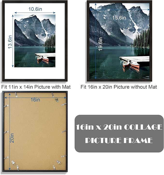 16x20 Frames Set of 3 - Display 11x14 Photo with Mat or 16 x 20 Poster without Mat, Wall Mounting Horizontal and Vertical, Black