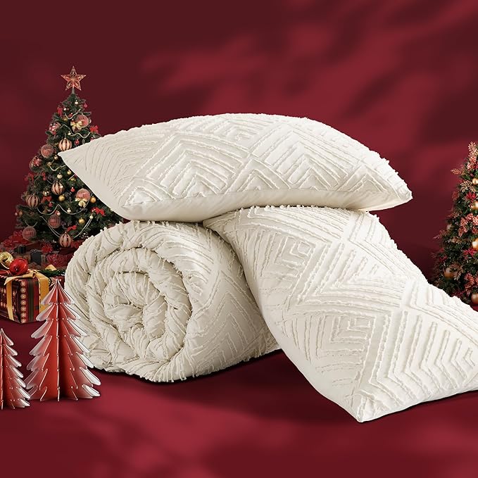 Andency Oversized King Comforter 120''x98'', 3 Pieces Beige Soft Boho Bedding Set & Collections, All Season Farmhouse Tufted Fluffy Bed Set (1 Comforter, 2 Pillowcases)