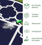 GENIMO 8' Round Outdoor Rug Waterproof for Patio Decor, Foldable Reversible Plastic Straw Area Rugs Mat for Rv, Outside Carpet for Camper, Deck, Picnic, Beach, Balcony, Camper, Blue & White