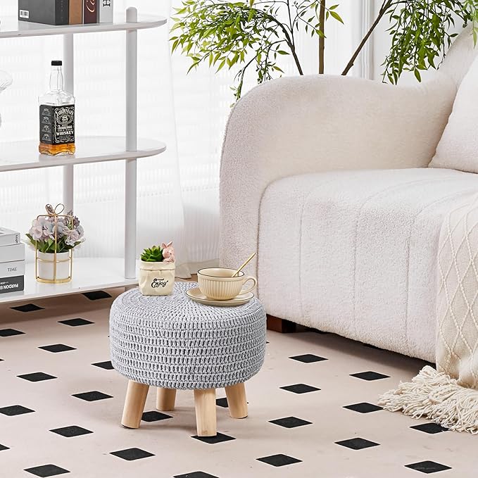 Wimarsbon Small Ottomans, 100% Hand Knitted Pouf Ottoman, Round Footrest with 4 Non-Skid Wood Legs, Boho Décor Cotton Rope Pouffe Beside Sofa, Leisure Floor Step Chair for Living Room (Grey)