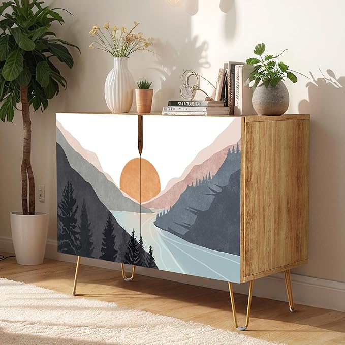 SIGNWIN Sideboard Buffet Cabinet, Kitchen Storage Cabinet with 2 Doors, Sunset Mountain Forest Lake, Cupboard Console Table for Dining Room - 35" L x 18" W x 29" H