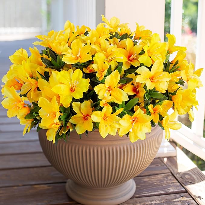INSPRING Artificial Fall Flowers for Outdoors, 3 Bundles Fake Plants Silk Azalea Bouquet UV Resistant Realistic Faux Fall Flowers for Outdoor Planters Front Door Patio Garden Walkways Home, Yellow