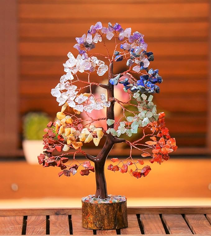 Crocon Seven Chakra Gemstone Tree Copper Wire Feng Shui Money Bonsai Good Luck Chakra Healing Crystals Home Decoration Ornament Figurine Wealth Prosperity Gift Size: 10-12"""