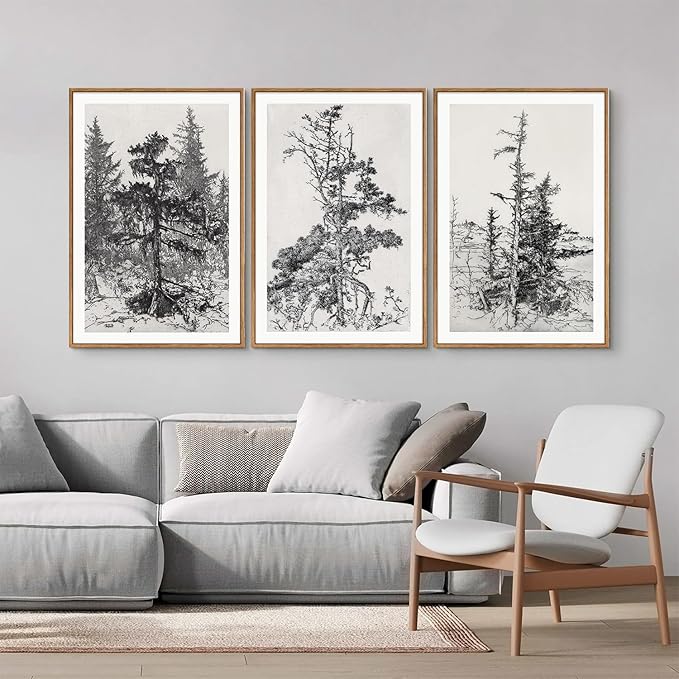 SIGNINART Vintage Tree Framed Wall Art Set , Black and White Antique Sketchbook Forest Painting, Wilderness Illustration Art Print , Retro Pine Tree Landscape Drawing Wall Decor for Living Room, Bedroom, Office (16"x24"x3)