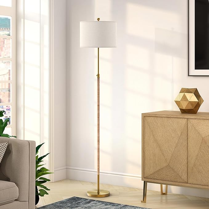 Boho Rattan Floor Lamp for Living Room, Adjustable Height:65"-70" Brass Gold Standing Lamp, Farmhouse Tall Skinny Pole Light with Oatmeal Shade for Bedroom Office