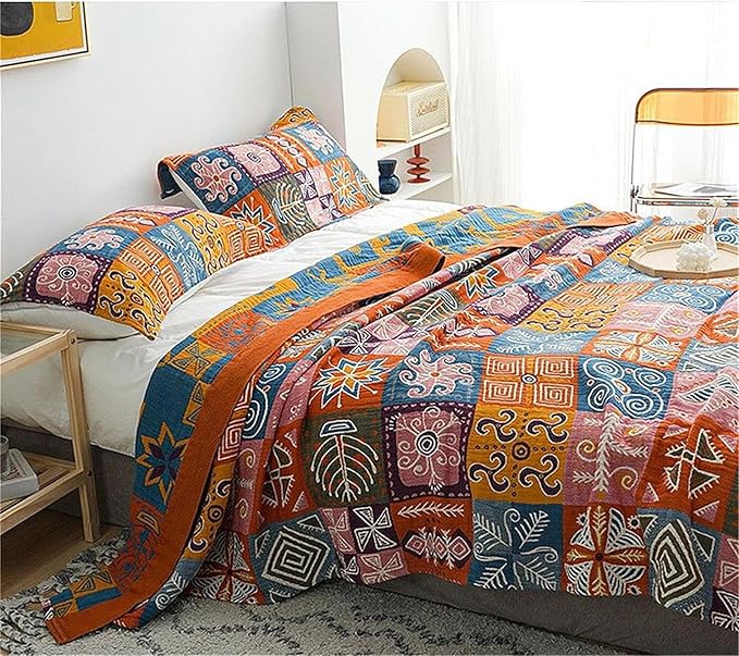 Christmas Cotton Throw Blanket for Couch Bed 60''x80'',Cotton Quilt Boho Throw Blanket Muslin Bed Travel Blanket Vintage Soft Cozy Checkered Blankets Gift for Women