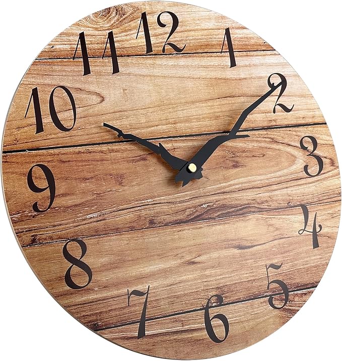 Plumeet Wall Clock, 12'' Frameless Wooden Wall Clocks with Silent Quartz Movement, Rustic Country Village Walnut Clocks Decorative for Kitchen Bedroom Living Room, Brown