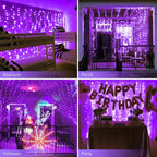 JMEXSUSS 300LED Purple Halloween Lights with Remote, Curtain Hanging Light Plug in, 8 Modes Purple String Lights for Bedroom Window Wall Party Backdrop Christmas Halloween Decorations
