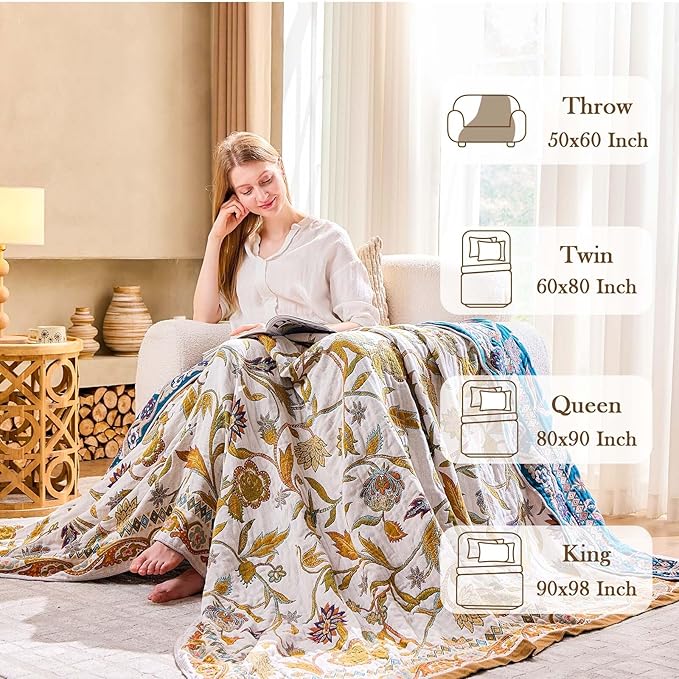 Fall Throw Blanket for Couch, Brown Boho Decorative Throw Blanket, 100% Cotton Muslin Breathable Woven Farmhouse Blankets Quilt, 90"x98" Reversible Lightweight Blankets Bohemian Throw Quilt