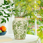 Sungmor Ceramic Flower Vase, Vintage Ice Cracked Glaze Porcelain Vase, Pretty Home Decor Vase for Flower Arrangement, Fresh Flowers, 10.2 Inch Tall Chinoiserie Pottery Vase, Green Floral Pattern