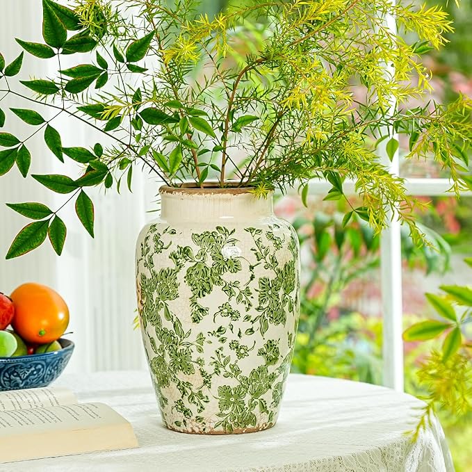 Sungmor Ceramic Flower Vase, Vintage Ice Cracked Glaze Porcelain Vase, Pretty Home Decor Vase for Flower Arrangement, Fresh Flowers, 10.2 Inch Tall Chinoiserie Pottery Vase, Green Floral Pattern
