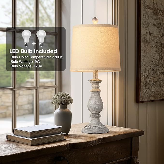 QiMH Farmhouse Table Lamp Set of 2, Rustic Table Lamps for Living Room, Vintage Nightstand Lamp with Rotary Switch, Beside Lamps for Bedroom, Traditional Table Lamps with Linen Shade, Antique Grey