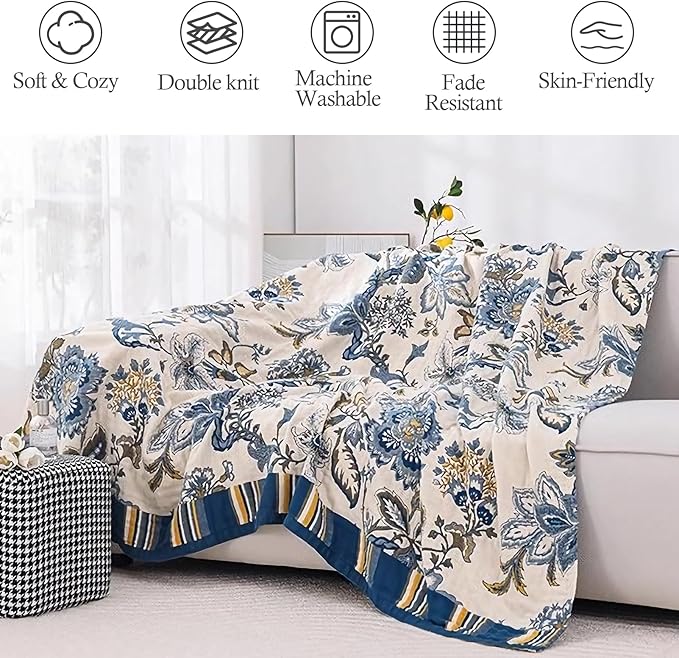 Snycler Boho Throw Blanket for Bed - 100% Cotton Ultra Soft Rustic Quilt - White Blue Floral Printed Farmhouse Decor Bed Blankets, 60"×80" All Season Rustic Throw for Sofa Couch Chair