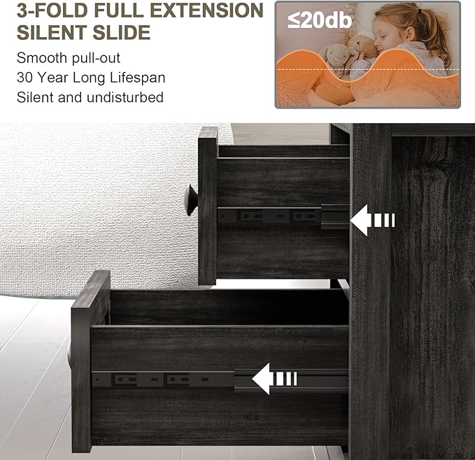 End Table with Fast USB C Charging Station,18" Wide Sofa Side Table with 2 Drawers, Large Storage Rustic Wood Square Storage Cabinet for Living Room, Bedroom, Office, Black