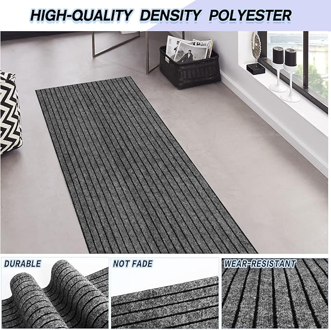 Custom Size Backed Non-Slip Area Rugs Runner, Easy Clean, Waterproof Runner Rugs for Hallway Entryway, Kitchen, Laundry, 2FT x 41FT, Gray Stripe